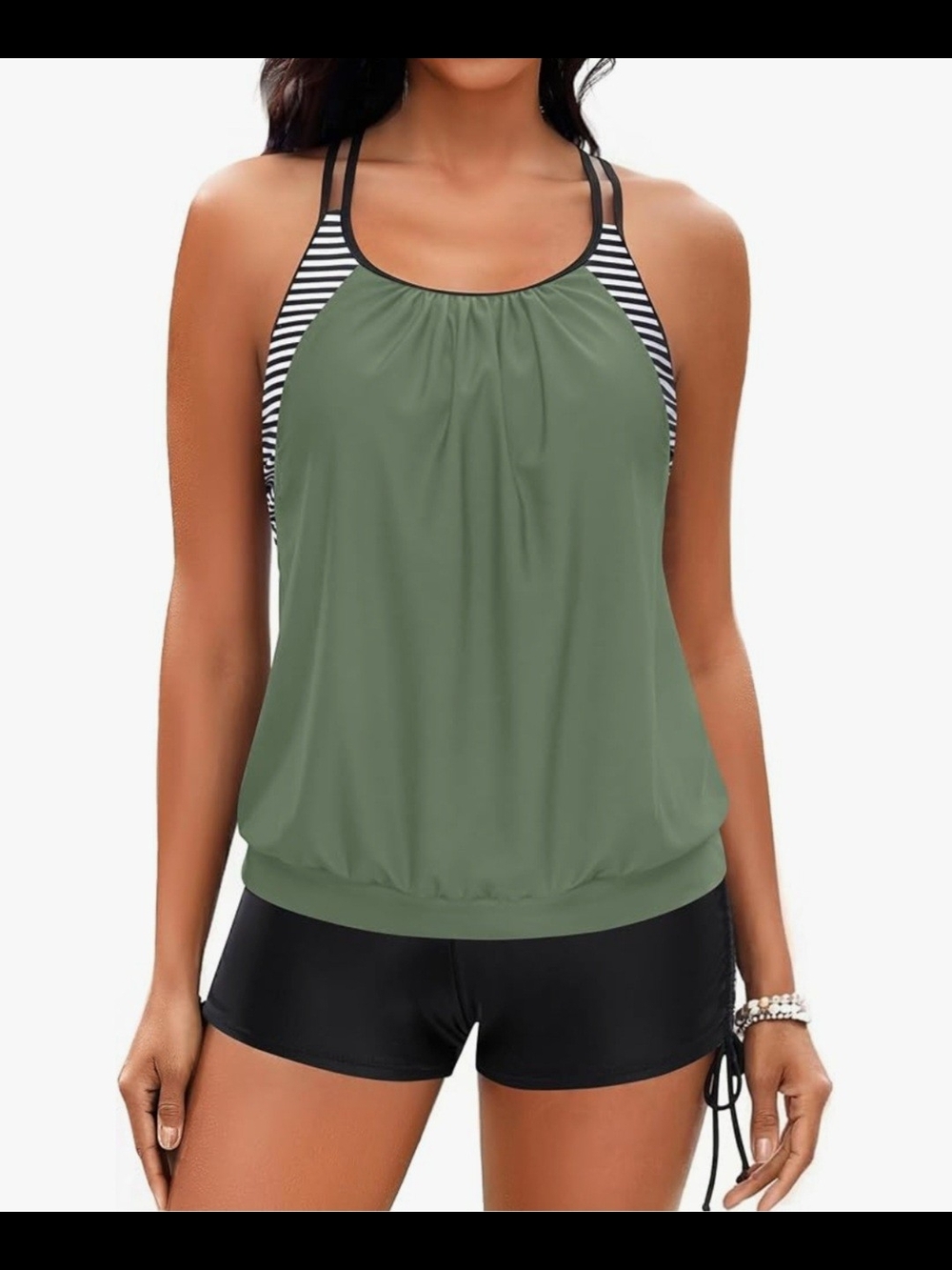 Holipick Tankini Set - Army Green/Striped Multi-Strap Top & Black Boyshorts, XL - Picture 4 of 10